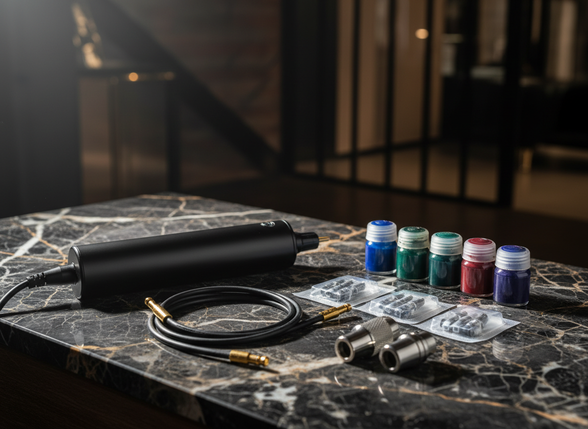 A meticulously arranged close-up of an elegant black tattoo machine resting on a slab of dark, veined Italian marble, beside a row of pristine ink caps filled with deep blacks and muted jewel-tone pigments. Fine, coiled cables fall in graceful lines across the surface, next to neatly wrapped sterile cartridges and polished stainless-steel grips. Soft, directional studio lighting from the upper left creates sharp, sophisticated highlights on metal surfaces and deep, cinematic shadows in the background. Shot at eye level with a shallow depth of field, the foreground equipment is in razor-sharp focus while the background fades into a luxurious, blurred darkness, evoking an exclusive, high-end tattoo gallery in Bogotá. Photographic realism, clean and modern aesthetic.